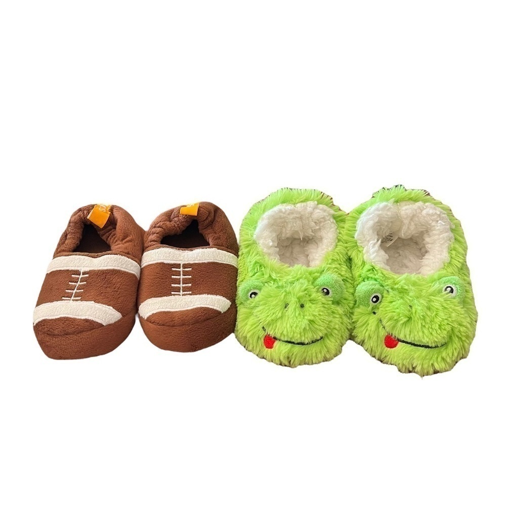 Set of 2 plush toddler slippers Skidders football and Snoozies green furry frog